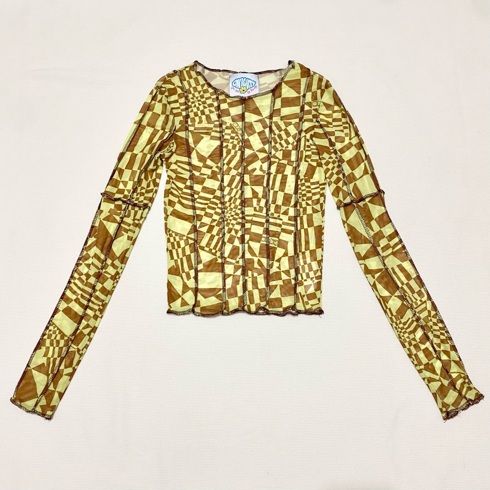 Omighty Mesh Stitched Long Sleeve Shirt Yellow & Brown Geometric Print